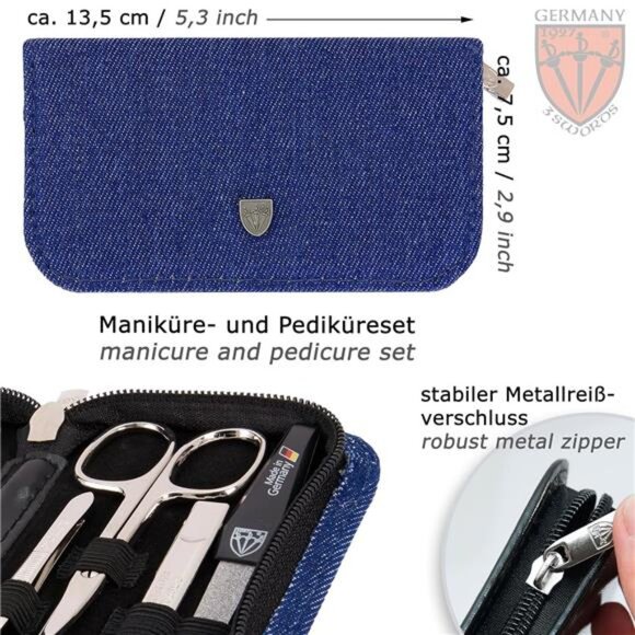 8 piece manicure pedicure grooming kitset textil case jeans blue-Made in Germany - Picture 4 of 7